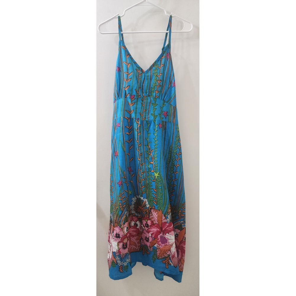 Jessica Taylor Blue Floral Cotton Midi Dress Womens 1X Smocked Back Tropical